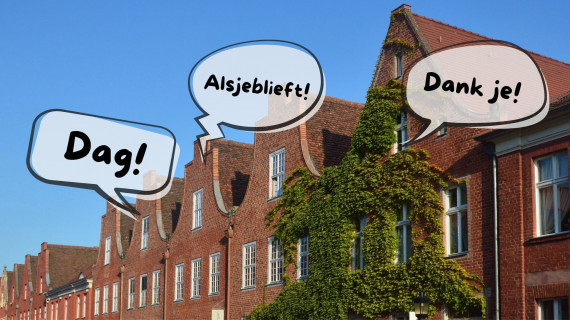 Häuser im niederländischen Viertel mit Sprechblasen mit niederländischen Wörtern
