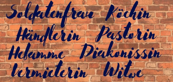 Illustration mit Stichworte zu Frauen im holländischen Viertel, wie Soldatenfrau, Köchin, Hebamme, Vermieterin...